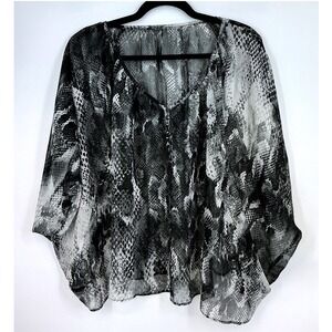 Sheer Black Gray Snakeskin Print V Neck Button Front Blouse Edgy Fairy Grunge